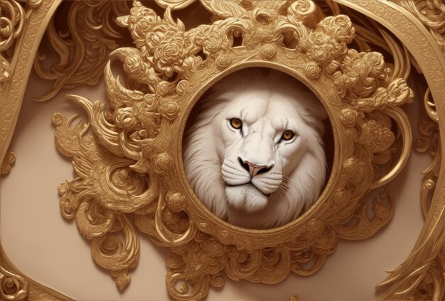 Zdjęcie biała głowa lwa z koroną ze złotymi wzorami