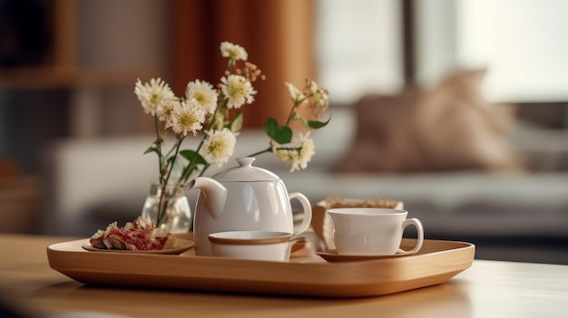 Biała herbata na tacy Koncepcja minimalizmu Generatywna sztuczna inteligencja