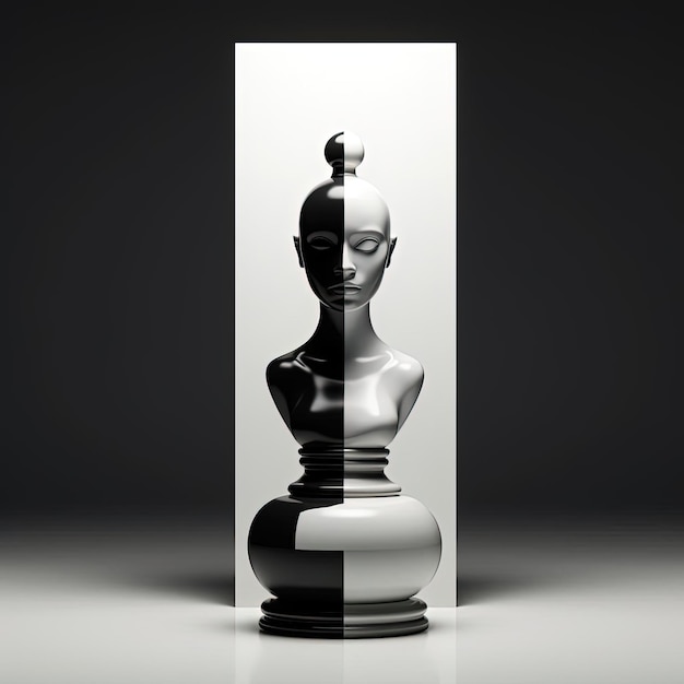 biała i czarna figura szachowa w lustrze ilustracja 3D w stylu minimalistycznym
