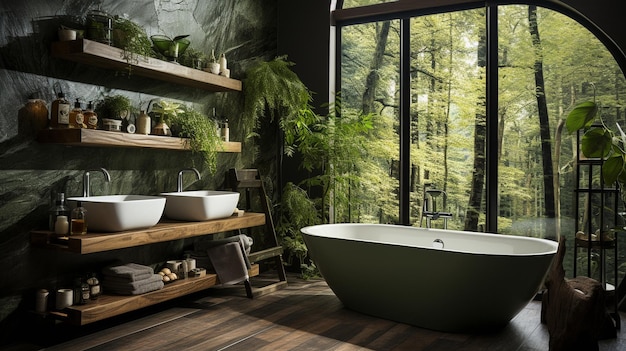 Biała i jasna łazienka z bogatym tematem leśnym zielonej roślinności