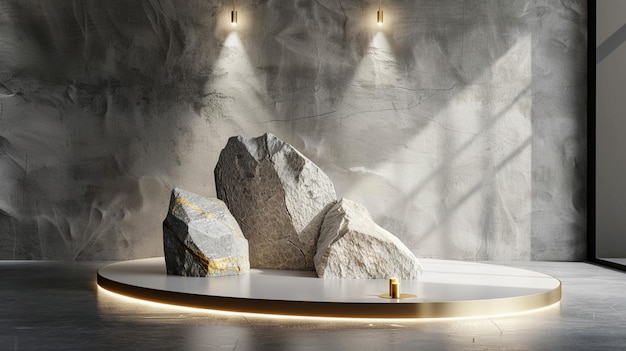 Biała i złota platforma z naturalnego marmuru otoczona skałami z dramatycznym oświetleniem