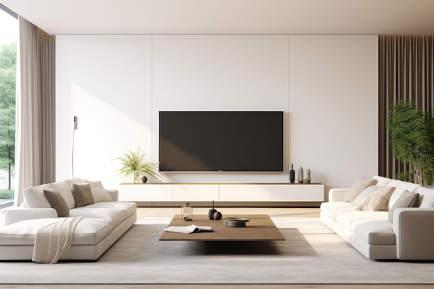 Biała kanapa i telewizor w przestronnym pokoju
