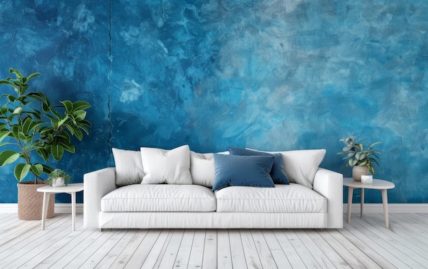 Biała kanapa na tle żywej niebieskiej ściany z bujną zieloną rośliną Spokojność spotyka styl w tej przestrzeni