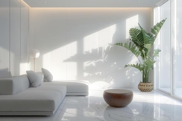 Biała kanapa stoi elegancko w przytulnym salonie uzupełnionym o tętniącą życiem roślinę w garnku