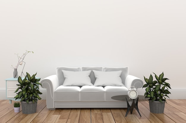 Zdjęcie biała kanapa w drewnianej podłodze na białej ścianie pusty pokój wnętrz, minimalistyczny projekt pokoju