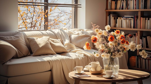 biała kanapa z białym nakryciem i wazonem z kwiatami