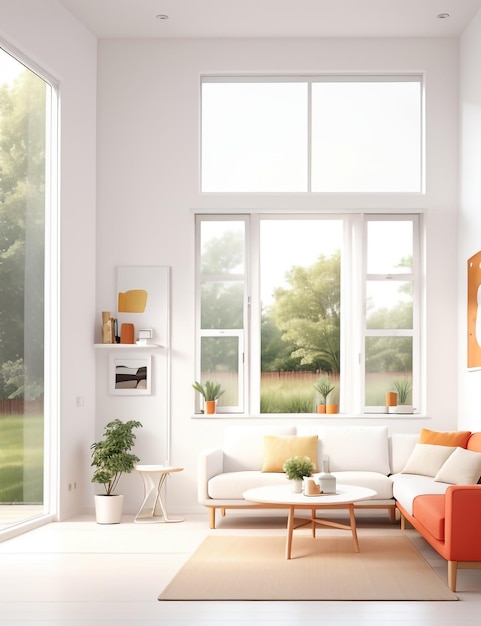 Biała kanapa z pomarańczowymi poduszkami w pokoju z oknami Generative AI