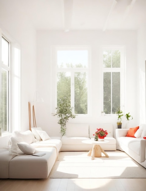 Biała kanapa z pomarańczowymi poduszkami w pokoju z oknami Generative AI