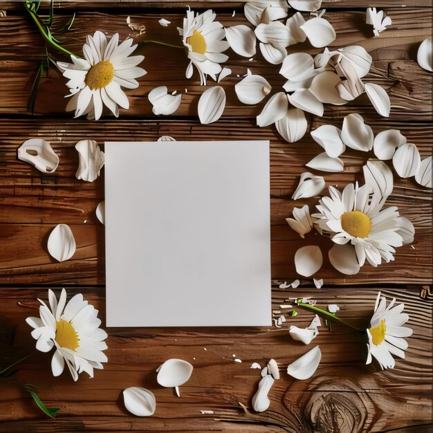Biała karta na drewnianym tle wokół rozrzuconych białych płatków kwiatów Miejsca na własnej zawartości Kwiaty kwitnące symbol wiosny nowego życia