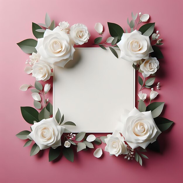 Biała karta otoczona białymi różami na różowym tle