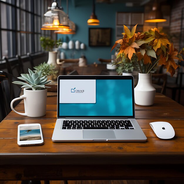 Biała karta z nazwiskiem na drewnianym stole z laptopem i pomysłem na smartphonowy biznes