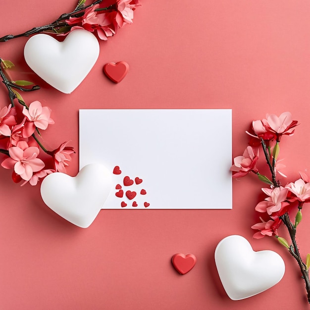 Biała karta z wolnym miejscem dla własnej treści Dekoracje z czerwonych i białych serc i różowych kwiatów Dzień Walentynek jako symbol uczuć i miłości