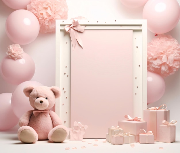 Biała karta z wolnym miejscem dla własnej treści wokół pluszowych niedźwiedzi balonów różowe prezenty prezenty jako symbol dnia obecności i miłości