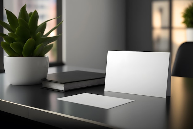 Biała kartka leży na biurku z rośliną w tle.