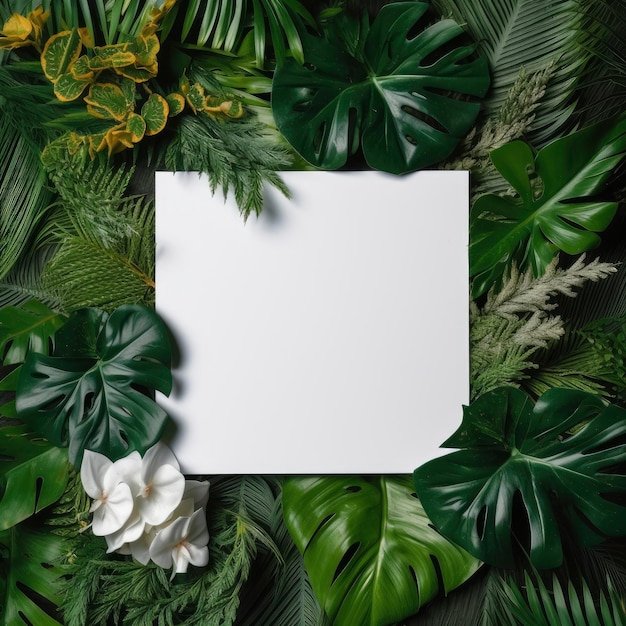Biała kartka papieru otoczona jest tropikalnymi liśćmi