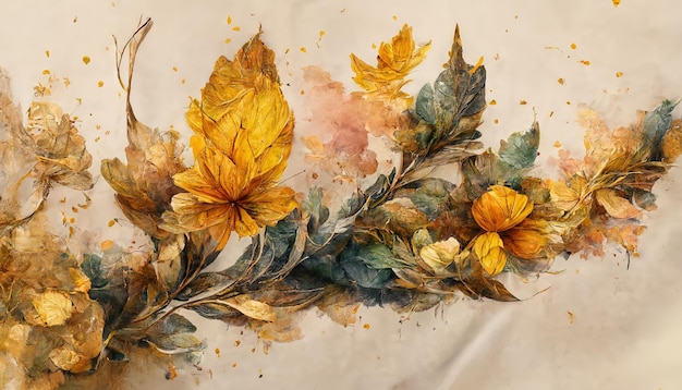 Biała kartka papieru przedstawia kwiaty z różowymi płatkami złote pąki i zielone liście Pnie roślin i żyłki liści są złote Liście mają podłużny kształt Ilustracja 3d