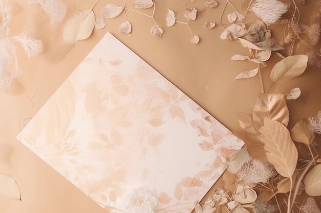 Biała kartka papieru z kwiatowym wzorem znajduje się na beżowym tle.