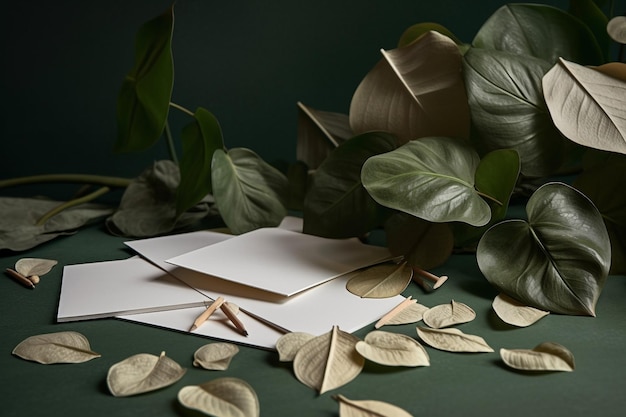 Biała kartka z życzeniami i liście na białym stole w stylu ziemistego naturalizmu