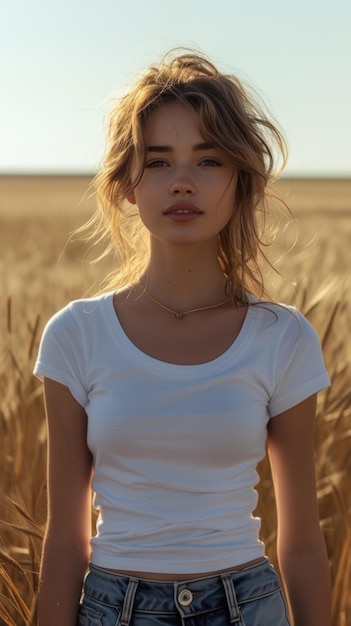 Biała kobieta na tle letniego pola
