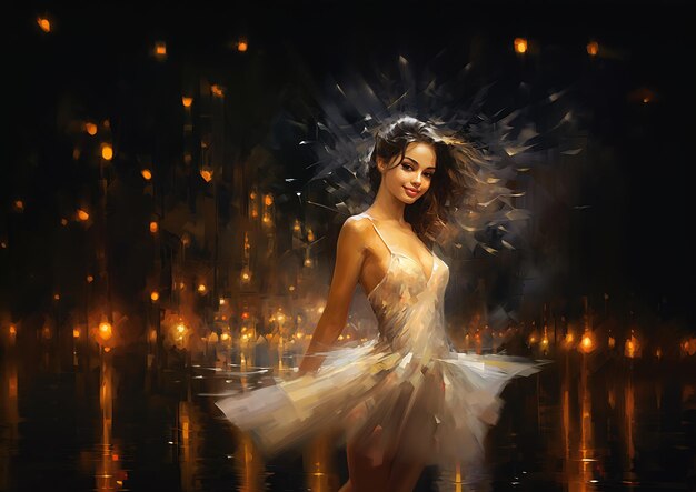 Biała kobieta w sukience stoi głębokie światło świeci za magicznymi cząstkami tancerki powietrza dziewczyna pod latarnią