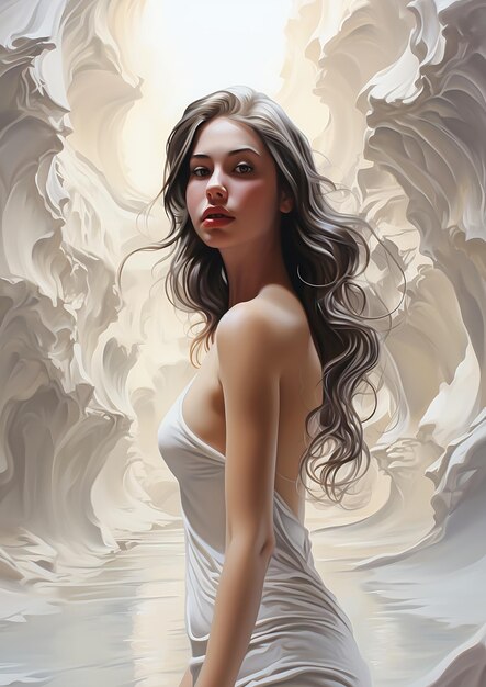 Biała kobieta w sukience stoi przed chmurą porcelana podkreślona skóra oszałamiająca cyfrowa farba płynie