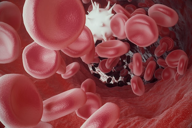 Biała komórka krwi między czerwonymi krwinkami, przepływową insice arterią lub żyłą, 3d rendering