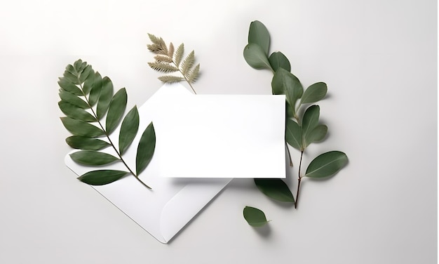 Biała koperta z białą kartką i liściem.