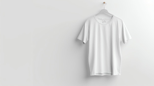 Biała koszula wisząca na drewnianym wieszaku na białym tle na ścianie koszula jest wykonana ze 100% bawełny i jest miękka i wygodna do noszenia