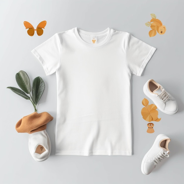 Zdjęcie białą koszulę z motylem z przodu i butami na dole.