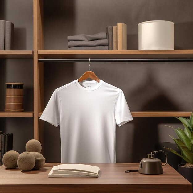 Biała koszulka na minimalistycznej sypialni.