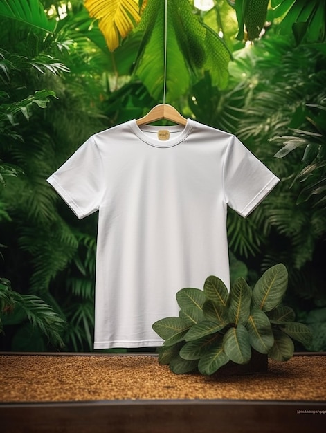 Zdjęcie biała koszulka wisząca na wieszaku z zieloną rośliną w tle.