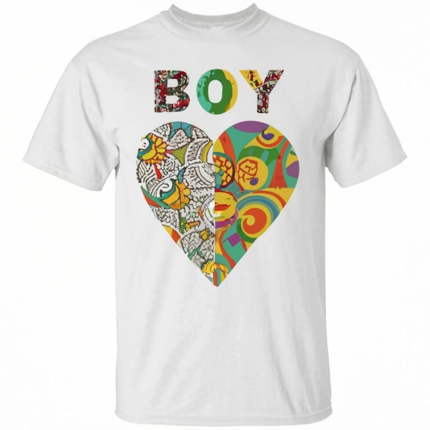 Biała koszulka z chłopcem, na której jest napisane "chłopiec"