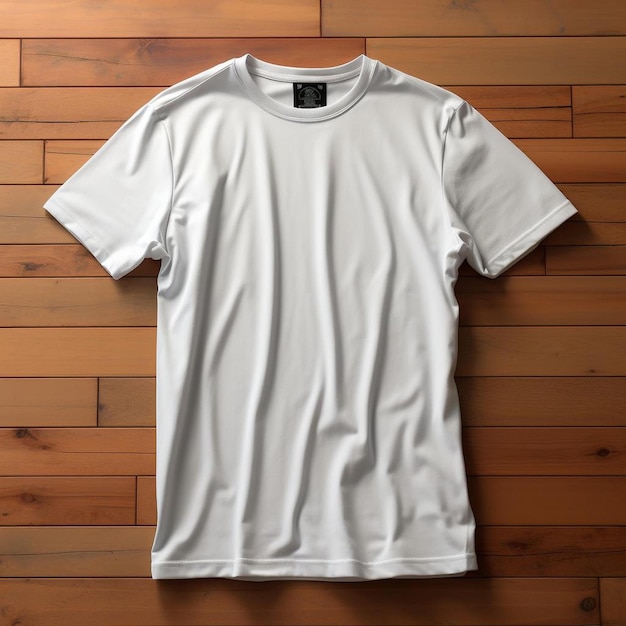 Biała koszulka z czarną metką z napisem „t-shirt”.