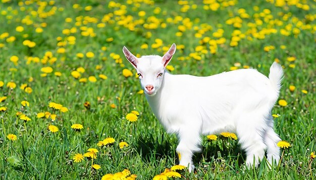 Biała koza stojąca na zielonej trawie z żółtymi pączkami w słoneczny dzień
