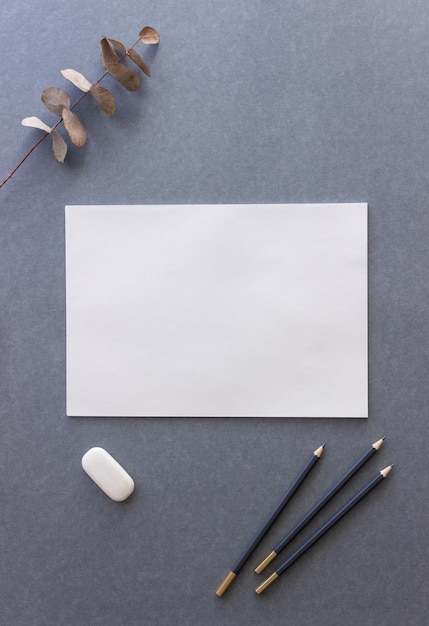 Biała księga i ołówki na szarym tle Projekt makiety Kopiowanie miejsca