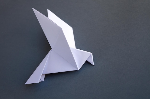 Biała księga origami gołąb na białym tle na szarym tle