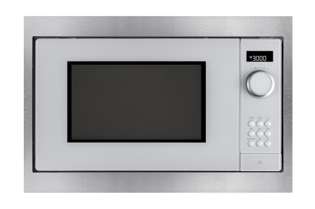 Biała kuchenka mikrofalowa z przyciskami i panelem elektronicznym