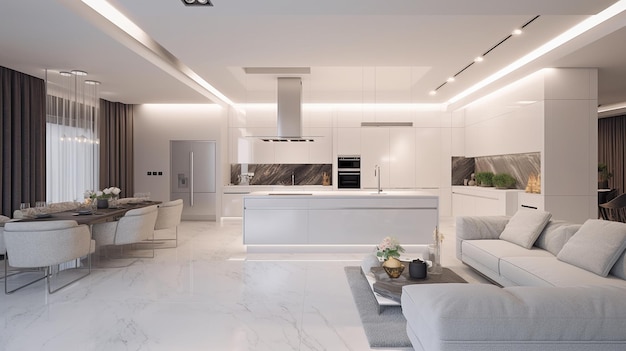 Biała kuchnia i salon z luksusowym wystrojem wnętrz Generative AI i otwartym planem piętra