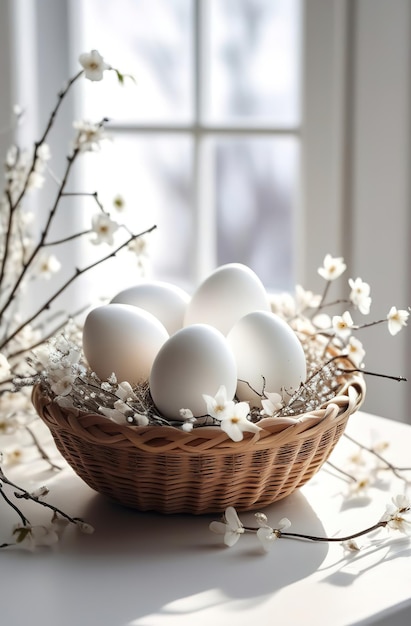 Biała kuchnia jaja w koszu wiejskie gospodarstwo Provence kwiaty wiosenne Wielkanoc zdrowe składniki posiłku