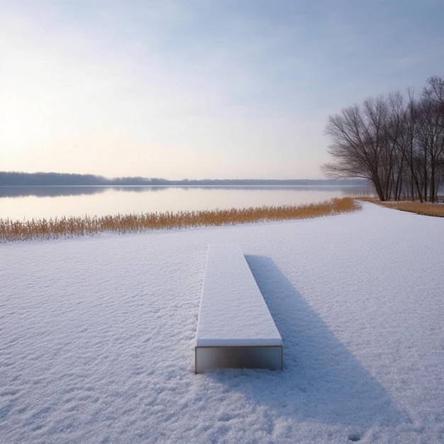 Biała ławka jest w śniegu przy jeziorze.