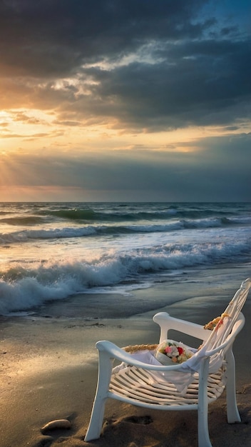 Zdjęcie biała ławka na plaży, a słońce zachodzi.