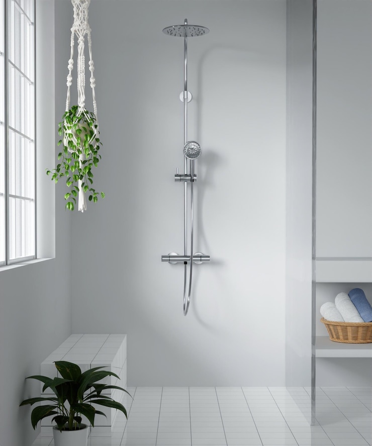 Zdjęcie biała łazienka w minimalnym stylu 3d render białe ściany i ceramiczna podłoga pokój ma duże okna 3d render