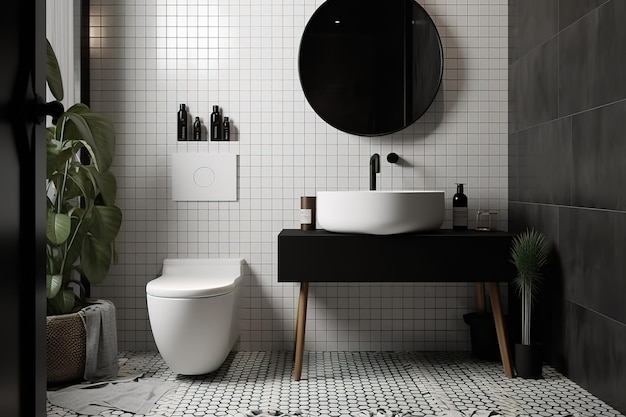 Zdjęcie biała łazienka z czarno-białą podłogą i okrągłym lustrem, które mówi 