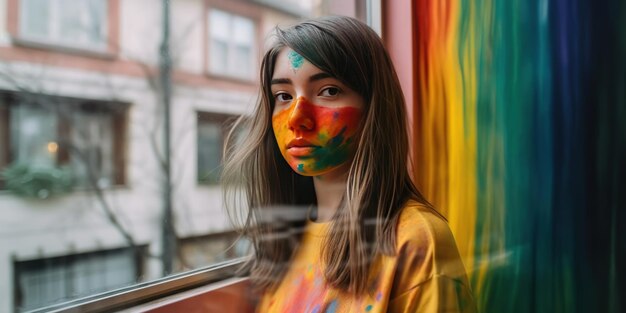 Biała lesbijka w pokoju tęczy patrząca przez okno na paradę dnia dumy gejowskiej LBGT i koncepcja homoseksualna uśmiechająca się wesoła
