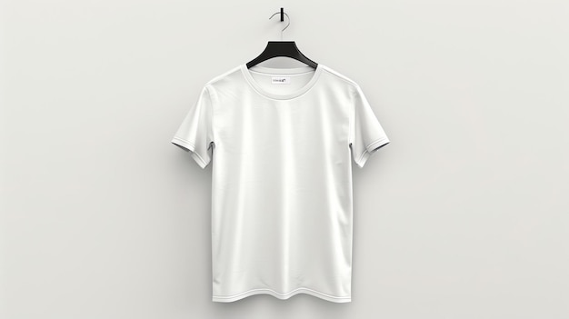 Biała maketa koszulki wisząca na wieszaku na białym tle Koszulka jest wykonana ze 100% bawełny i jest miękka i wygodna do noszenia