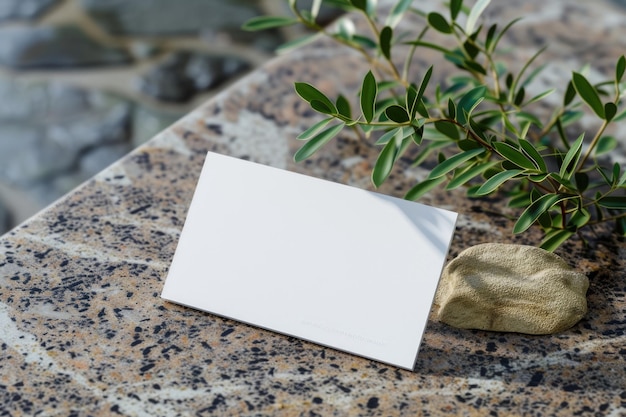 Biała maketa wizytówki na powierzchni granitowej z gałęzią oliwną i kamieniem