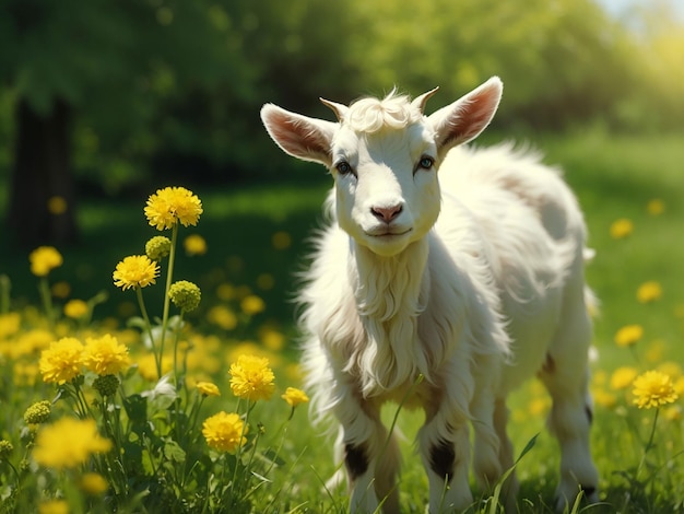 Biała mała koza stojąca na zielonej trawie z żółtymi mleczami w słoneczny dzień