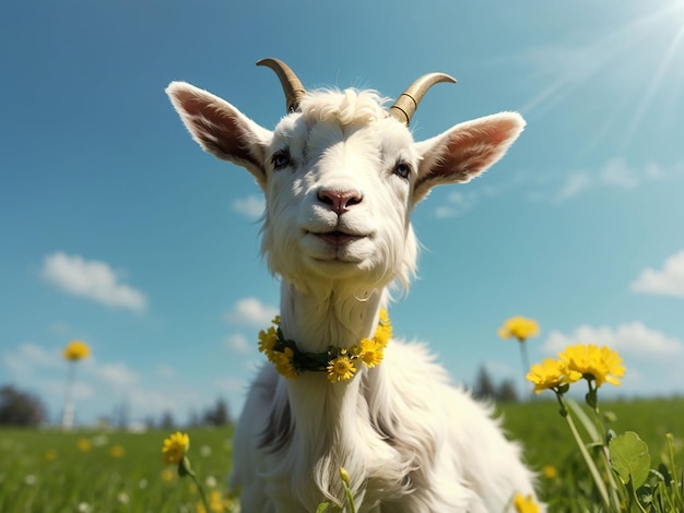 Biała mała koza stojąca na zielonej trawie z żółtymi mleczami w słoneczny dzień