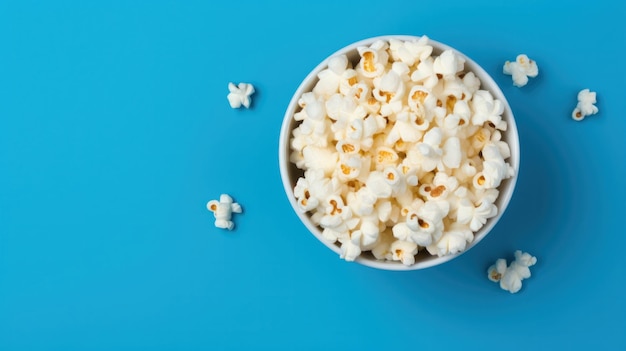 Biała miska z popcornem na niebieskim tle Chrupiąca klasyczna przekąska z popcornu Koncepcja kina domowego