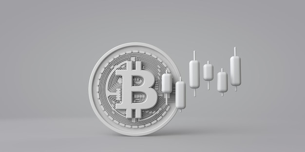 Biała moneta kryptowaluty bitcoin z renderowaniem wykresu d na giełdzie